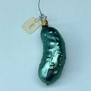 Vintage Glass Pickle Christmas Ornament Teal Green Metallic Textured 3.5 Inch